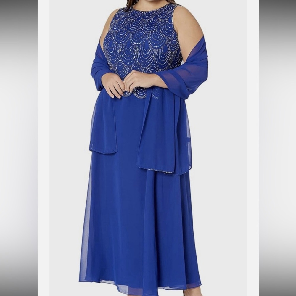 J Kara Royal Blue Beaded Cold-Shoulder Evening Gown with Shawl